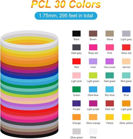 Kretrum 30 لونًا من خيوط القلم ثلاثية الأبعاد 1.75 مم عبوات خيوط PCL لقلم MYNT3D Junior2 ثلاثي الأبعاد لا يناسب قلم بدء 3Doodler لكل لون 10 أقدام إجمالي 300 قدم in Kuwait