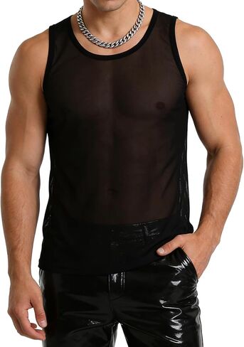 Men's Mesh Sheer Tank Top See-Through Sleeveless Crew Neck Muscle Shirt for Disco Party Clubwear in Kuwait