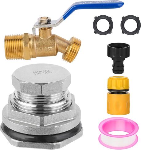 304 Stainless Stock Tank Drain Plug Kit Include 1-1/4" x 3/4" Pipe Reducer Hex Bushing & Brass Faucet Fit for rubbermaid Commercial 50 70 100 150 300 Gallon Stock Tanks(Stainless Steel) in Kuwait