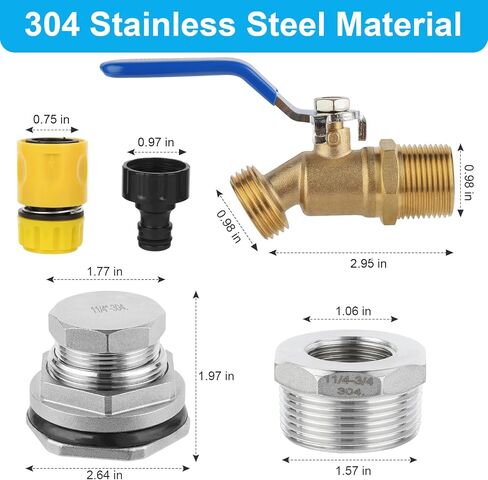 304 Stainless Stock Tank Drain Plug Kit Include 1-1/4" x 3/4" Pipe Reducer Hex Bushing & Brass Faucet Fit for rubbermaid Commercial 50 70 100 150 300 Gallon Stock Tanks(Stainless Steel) in Kuwait