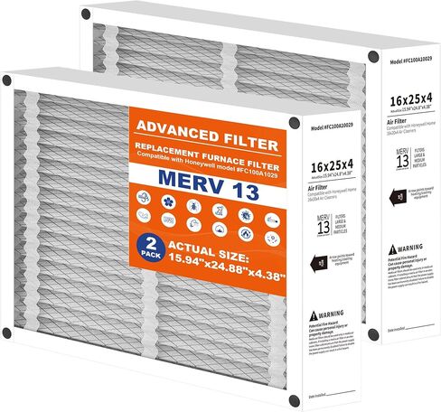 استبدال فلتر الهواء 16x25x4، متوافق مع هانيويل FC100A1029، مرشحات فرن MERV 13 HVAC AC القابلة للطي، الحجم الفعلي: 15.94 بوصة × 24.88 بوصة × 4.38 بوصة - عبوتان in Kuwait