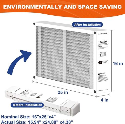 استبدال فلتر الهواء 16x25x4، متوافق مع هانيويل FC100A1029، مرشحات فرن MERV 13 HVAC AC القابلة للطي، الحجم الفعلي: 15.94 بوصة × 24.88 بوصة × 4.38 بوصة - عبوتان in Kuwait