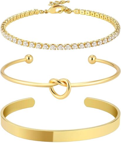 Stackable Bracelets for Women – Gold Bangles, Knot Cuff and Tennis Bracelet Set, 14K Real Gold Plated Brass, Non Tarnish Dainty Jewelry in Saudi Arabia