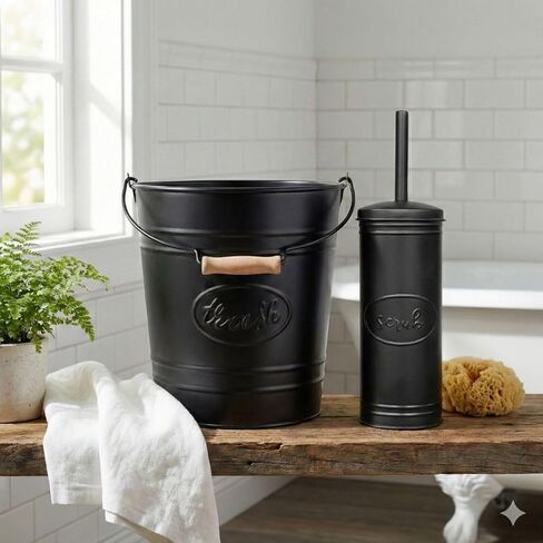 Autumn Alley Farmhouse Bathroom Trash Can and Toilet Brush Set - Rustic Bathroom Accessories for Charming Bathroom Décor, Matte Black Heavy Gauge Metal in Kuwait