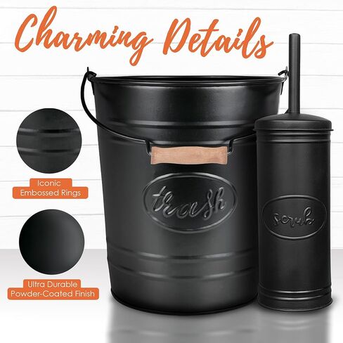 Autumn Alley Farmhouse Bathroom Trash Can and Toilet Brush Set - Rustic Bathroom Accessories for Charming Bathroom Décor, Matte Black Heavy Gauge Metal in Kuwait