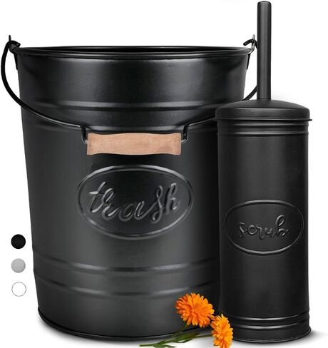 Autumn Alley Farmhouse Bathroom Trash Can and Toilet Brush Set - Rustic Bathroom Accessories for Charming Bathroom Décor, Matte Black Heavy Gauge Metal in Kuwait