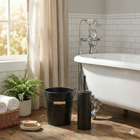 Autumn Alley Farmhouse Bathroom Trash Can and Toilet Brush Set - Rustic Bathroom Accessories for Charming Bathroom Décor, Matte Black Heavy Gauge Metal in Kuwait
