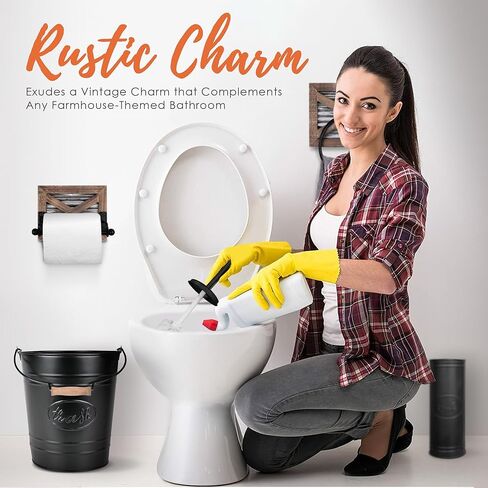 Autumn Alley Farmhouse Bathroom Trash Can and Toilet Brush Set - Rustic Bathroom Accessories for Charming Bathroom Décor, Matte Black Heavy Gauge Metal in Kuwait
