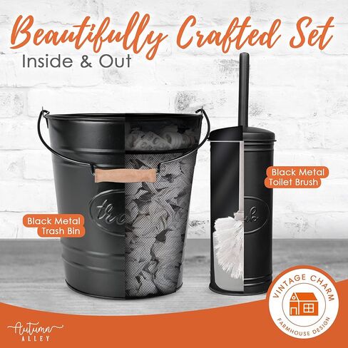 Autumn Alley Farmhouse Bathroom Trash Can and Toilet Brush Set - Rustic Bathroom Accessories for Charming Bathroom Décor, Matte Black Heavy Gauge Metal in Kuwait