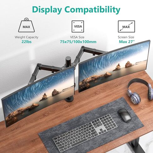 Free Standing Dual LCD Monitor Fully Adjustable Desk Mount Fits 2 Screens up to 27 inch, 22 lbs. Weight Capacity per Arm, with Grommet Base, Black in Saudi Arabia