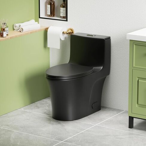 Elongated One Piece Toilet with ADA Comfort Height, Seat Chair Height 17.3" Modern Toilet for Bathroom, Dual Flush 0.8/1.6 GPF, MAP 1000g, 12" Rough-In, Soft Closing Seat, Matte black in Kuwait