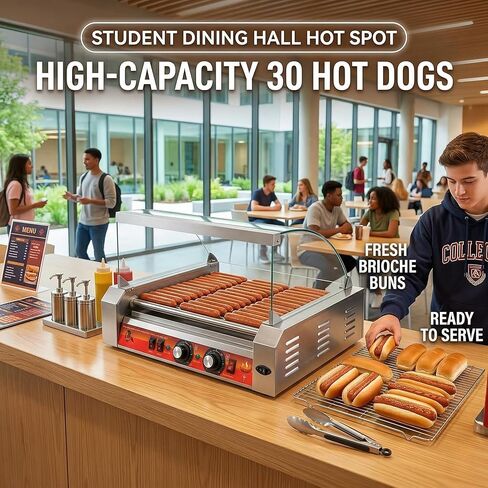 11-Roller Hot Dog Cooker Machine，Holds 30 Hot Dogs，1670W，Non-Stick & Stainless Steel，for Parties, Events & Food Stalls in Saudi Arabia