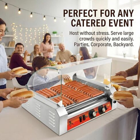 11-Roller Hot Dog Cooker Machine，Holds 30 Hot Dogs，1670W，Non-Stick & Stainless Steel，for Parties, Events & Food Stalls in Saudi Arabia