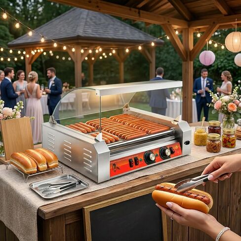 11-Roller Hot Dog Cooker Machine，Holds 30 Hot Dogs，1670W，Non-Stick & Stainless Steel，for Parties, Events & Food Stalls in Saudi Arabia