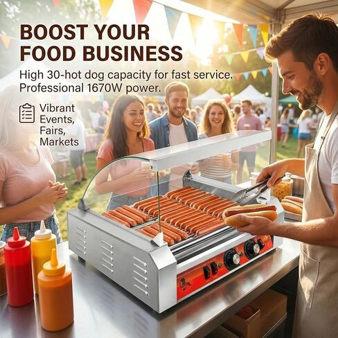 11-Roller Hot Dog Cooker Machine，Holds 30 Hot Dogs，1670W，Non-Stick & Stainless Steel，for Parties, Events & Food Stalls in Saudi Arabia