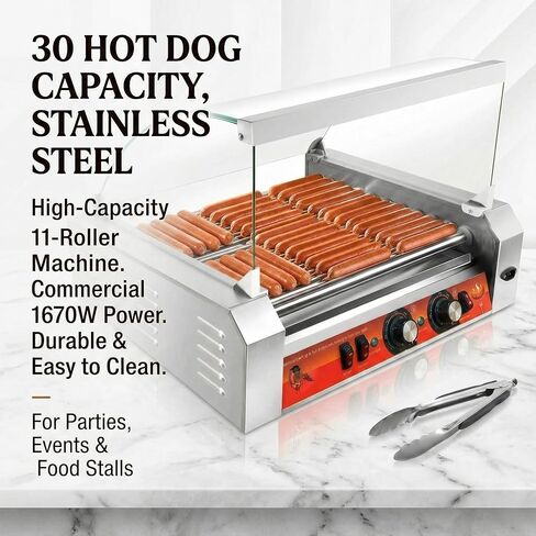 11-Roller Hot Dog Cooker Machine，Holds 30 Hot Dogs，1670W，Non-Stick & Stainless Steel，for Parties, Events & Food Stalls in Saudi Arabia