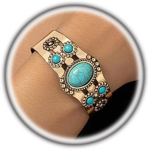 Rrdaily Turquoise Stone Cuff Bracelet Vintage Gold Tone Bangle, Boho Statement Adjustable Tribal Carved Pattern Jewelry Gift for Fashion Women in Saudi Arabia
