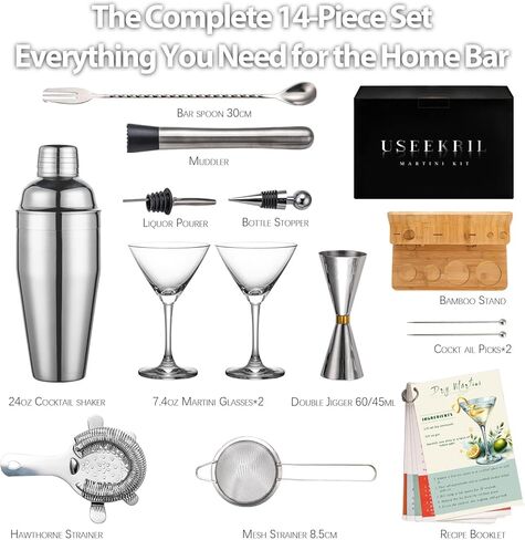 مجموعة USEERIL Martini مع شاكر ونظارات، طقم Espresso Martini مع حامل من الخيزران، هدية مارتيني القذرة، مجموعة شاكر الكوكتيل لتدفئة المنزل، وبار المنزل، ومفضلات الحفلات in Kuwait