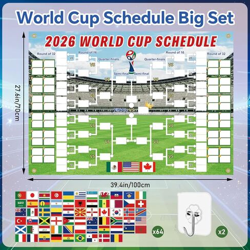 ملصق جدول كأس العالم 2026 مقاس 27 × 39، 64 ملصقًا للعلم الوطني قابلة لإعادة الاستخدام مع أسماء البلدان، يجب اقتناؤها لعشاق كرة القدم، وديكورات حفلات مشجعي كرة القدم، وهدايا كرة القدم لديكور غرفة الأولاد in Kuwait