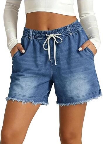 Denim Shorts Womens Stretchy Elastic Waist Summer Shorts Loose Fit Pull On Bermuda Drawstring Jean Short with Pockets in Kuwait