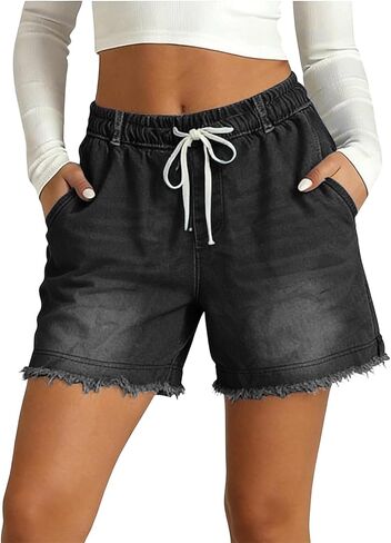 Denim Shorts Womens Stretchy Elastic Waist Summer Shorts Loose Fit Pull On Bermuda Drawstring Jean Short with Pockets in Saudi Arabia