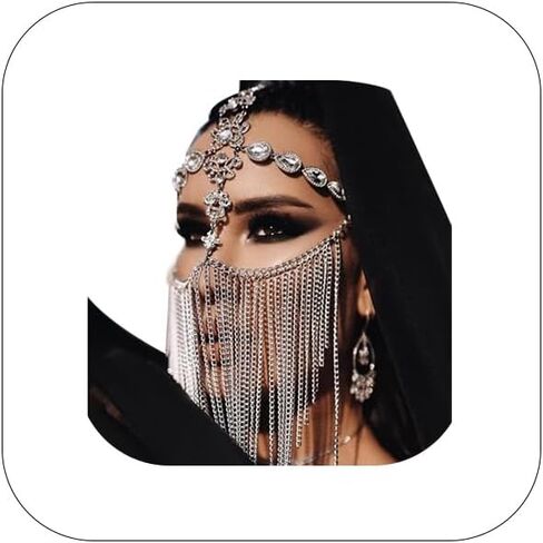 Rhinestone Drop Tassel Veil Masks Rave Crystal Face Chains Mask Masquerade Dance Costume Sexy Forehead Chain Hair Chain Jewelry for Women in Saudi Arabia