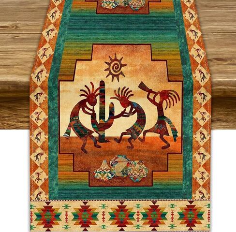 African Kokopelli Table Runner, Southwestern Native American Aztec Ethnic Print Table Runner for Home Kitchen Dining Room Table Indoor Outdoor Party, 13x36inch in Kuwait