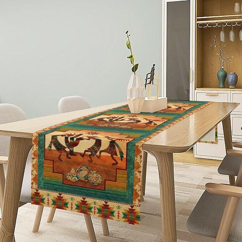 African Kokopelli Table Runner, Southwestern Native American Aztec Ethnic Print Table Runner for Home Kitchen Dining Room Table Indoor Outdoor Party, 13x36inch in Kuwait