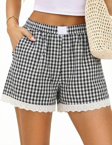 Marvmys Womens Boxer Shorts Cotton Pajama Bottoms Summer Gingham Ruffle/Lace Shorts Casual Y2K Beach Shorts S-2XL in Saudi Arabia