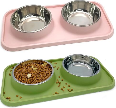 BNOSDM Double Dog Food Bowls Stainless Steel Dog Food and Water Bowls with Non-Spill Plastic Mat Pet Cat Feeder Bowl Set for Puppy Cats Kitten Small Dogs, Dark Green in Saudi Arabia