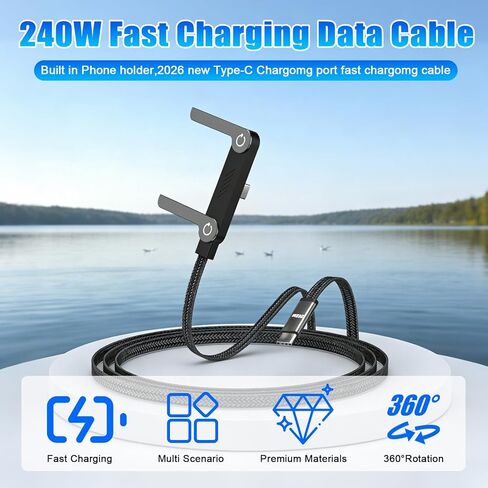 240W USB C to USB C Cable with Foldable Stand,5FT Sideways Invisible Charging Cord,90 Degree Right Angle Braided Gaming Fast Charger Cable Compatible with iPhone 17 16 15 ,MacBook,iPad,Galaxy S26 S25 in Saudi Arabia