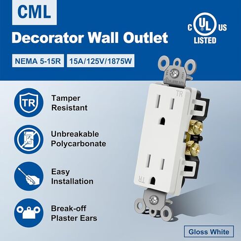(100 حزمة) CML 15 أمبير مقبس حائط ديكور، مقاوم للعبث آمن للأطفال (TR)، 15 أمبير/125 فولت، منفذ كهربائي قياسي للديكور، مدرج في قائمة UL، أبيض in Kuwait