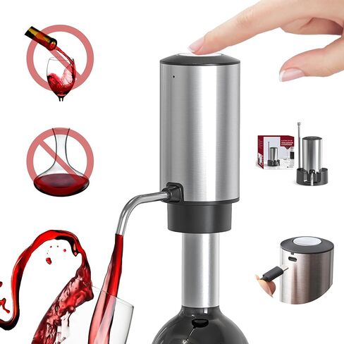 Electric Wine Decanter Automatic Wine Aerator Dispenser Pourer, USB-C Rechargeable Storage Base Stainless Steel Tube One-Touch Pump for All Btls, Aérateur Distributeur de Vin Électrique in Kuwait