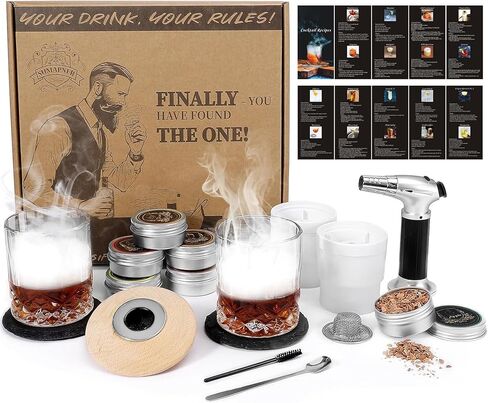 Whiskey Cocktail Smoker Kit with Torch, 6 Flavors Wood Chips, 2 Whiskey Glasses, 2 Ice Ball Molds, Bourbon Old Fashioned Drink Smoker Kit, Gifts for Men, Dad, Husband, Boyfriend(No Butane) in Kuwait