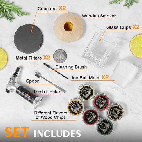 Whiskey Cocktail Smoker Kit with Torch, 6 Flavors Wood Chips, 2 Whiskey Glasses, 2 Ice Ball Molds, Bourbon Old Fashioned Drink Smoker Kit, Gifts for Men, Dad, Husband, Boyfriend(No Butane) in Kuwait