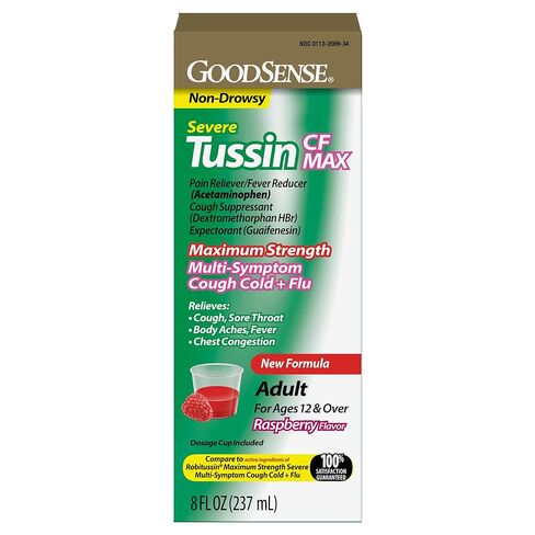GoodSense Tussin Severe CF Max Multi-Symptom Cough, Cold and Flu, Raspberry Flavor, Cough Medicine, 8 Ounces in Kuwait