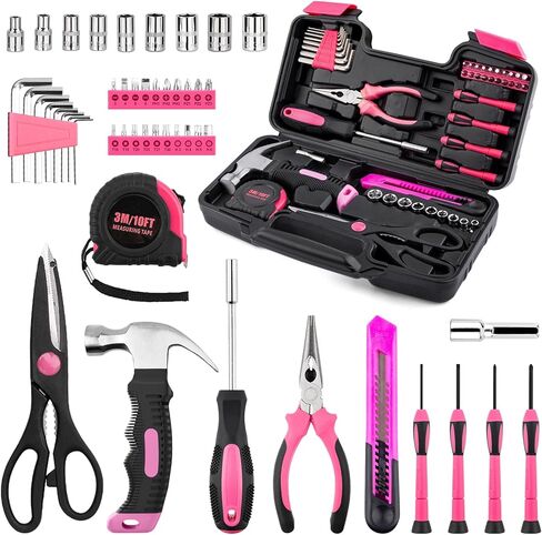 39-Piece Household Tool Set in - Perfect for Home, Garage, Office and Dorm Use - Essential Tools for The Whole Family (Pink) in Saudi Arabia