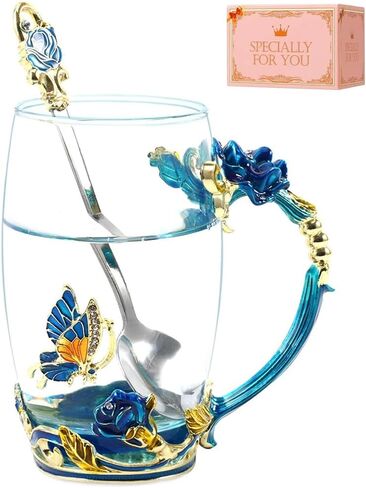 Birthday Gifts For Women,Butterfly Flower Glass Tea Cup Sky Blue Rose Coffee Mug Gift For Women Mom Wife Sister Coworker Female Friend on Christmas Anniversary Valentines Mothers Day Presents in Saudi Arabia