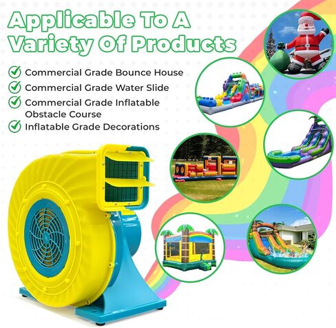 منفاخ Bounce House منفاخ هواء قابل للنفخ عالي القوة - قلاع كبيرة من مادة PVC المرتدة ومنزلقات مائية وقابلة للنفخ للمناسبات IPX4 مقاومة للماء، 110-120 فولت مع 6 أوتاد - 1.5 حصان 1100 وات in Kuwait