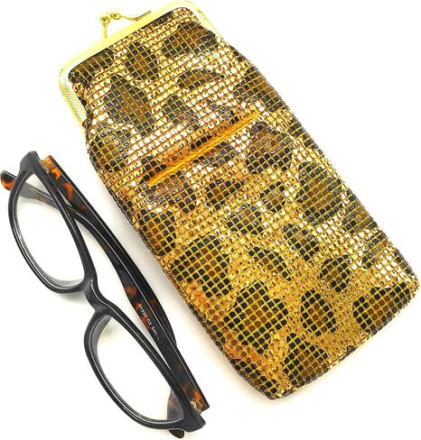 Women's Small Metal Mesh Eyeglasses Case with lighter pocket and Kiss Lock Closure (Gold Animal print) in Kuwait