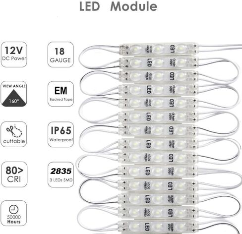 وحدة LED، مصابيح بديلة للنفخ باللون الأبيض 20 قطعة 9.8 قدم 3 LED فائقة السطوع 2835 SMD IP65 مقاومة للماء للعلامات الإعلانية مع شريط لاصق خلفي (ضوء أبيض) in Saudi Arabia