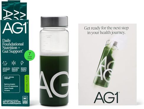 مجموعة AG1 Athletic Greens للمبتدئين لمدة 7 أيام - مسحوق الخضر الكل في واحد مع الفيتامينات المتعددة والبروبيوتيك والأطعمة الفائقة - تتضمن 7 عبوات سفر، ومجلة خالية من مادة BPA ومجلة بناء العادات in Kuwait