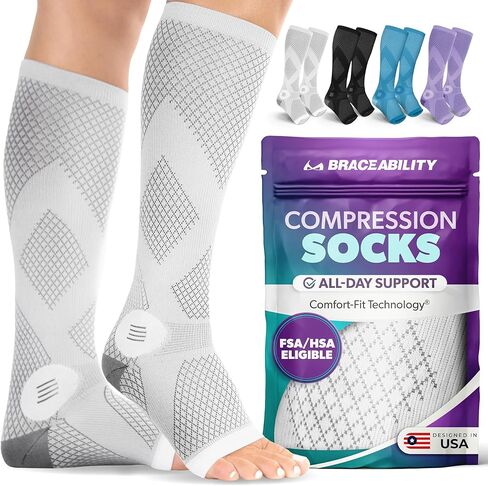 BraceAbility Wide Calf Compression Socks - 20-30 mmHg Open Toe Stockings for Large Calves - Extra Wide Knee High Support for Varicose Veins, Swelling, Neuropathy, RLS - 1 Pair (XL/2XL WIDE - Black) in Kuwait