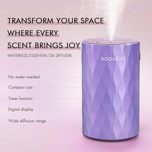 Waterless Essential Oil Diffuser - Aluminum Metal Texture, 96H Quiet Battery Nebulizer, Portable Scent Aromatherapy Diffuser with Timer & 4 Mist Levels, 20mL, Type-C for Home/Room/Car/Office in Saudi Arabia