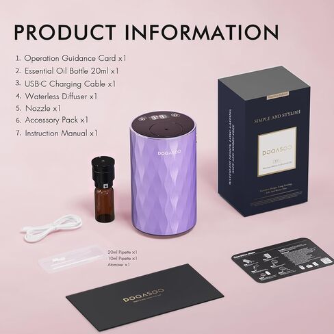 Waterless Essential Oil Diffuser - Aluminum Metal Texture, 96H Quiet Battery Nebulizer, Portable Scent Aromatherapy Diffuser with Timer & 4 Mist Levels, 20mL, Type-C for Home/Room/Car/Office in Saudi Arabia