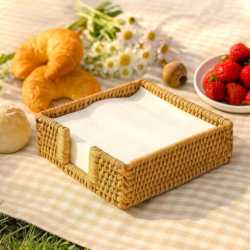 1 Pc Rattan Napkin Holder Square,7.08 X 7.08 X 2.36 Inch Napkin Holders for Paper Napkins Woven Guest Towel Holder Rustic Cocktail Napkins Holders for Kitchen Bathroom Picnic Wedding Party in Kuwait