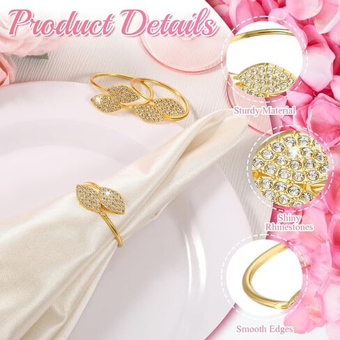 100 Pcs Napkin Rings Gold Table Decorations Durable Bling Leaf Shaped Napkins Rings Round Napkin Holders Buckles for Thanksgiving Day Christmas Dining Table Parties Everyday in Kuwait