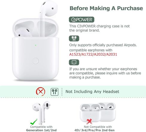 CivPower Wireless Charge Case متوافق مع AirPods 1 2 ， استبدال حالة الشاحن Air Pods مع زر مزامنة الاقتران Bluetooth ， لا توجد أيبودس (أسود) in Kuwait