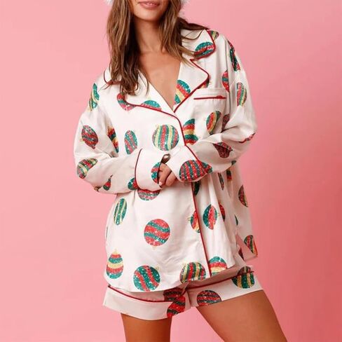Meihuida Women Christmas Pajamas Set Cute Bow Tie Button up Shirt Ruffle Shorts 2 Piece Christmas Pjs in Saudi Arabia