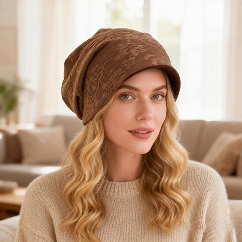 Unisex Slouchy Beanie Hat, Textured Floral Pattern Knit Cap with Inner Lining, Soft Stretch Casual Skull Hat for Daily Wear in Saudi Arabia